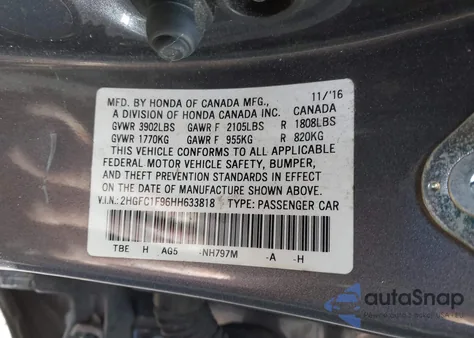 2017 Honda Civic Touring из США, поврежденный, VIN 2HGFC1F96HH633818